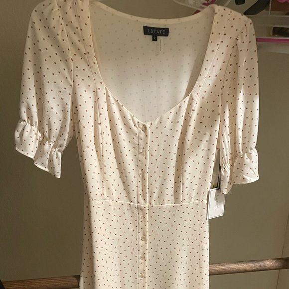 Puff sleeve midi dress in cream and brown polka dots - Picture 2 of 8